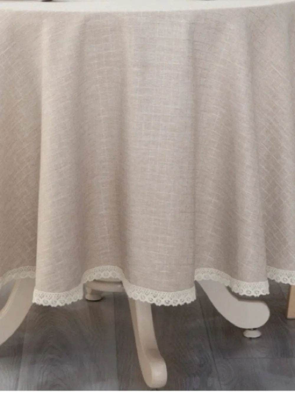 FARMHOUSE Rustic Tablecloth with Lace Trim 70” Round - BEIGE